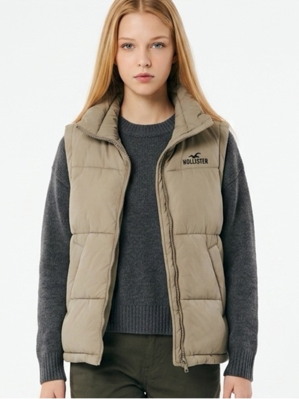 Hollister Co. Women's Green Puffer Vest XS Lightweight‎ Quilted Full Zip Winter